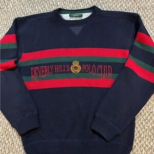 Beverly Hills Polo Club Navy Crewneck Sweater with Red and Green Stripes